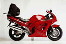 Ventura EVO-12 Bike-Pack Kit for Suzuki RF 900 RR/RS/RT/RV includes a black EVO-12 pack, Evo-Rack mounted on the bike, and a generic L-Bracket with screws. All parts feature red text labels for easy identification.