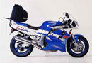 Image showing the Ventura EVO-12 Bike-Pack Kit for Suzuki GSXR 1100 WS/WT/WV/WW, featuring an EVO-12 pack, Evo-Rack on a bike, and a black L-bracket with screws and hardware.