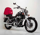 Image showing a Ventura EVO-12 Bike-Pack Kit for Suzuki VL 250 Intruder LC (99-12): includes black EVO-12 pack, Evo-Rack Sport-Rack mounted on bike, and labeled L-Bracket with screws—all on white background with product names.