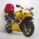 Image featuring three parts for the Suzuki GSXR 750 Y, K1, K2 (00-02) by Ventura: EVO-12 Pack (black zippered bag), Evo-Rack adjustable pack-rack (metal rear rack), and an L-Bracket with mounting hardware.