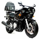 The image displays a Ventura Bike-Pack Kit on a Suzuki GS 1200 SS (01-03), featuring a sleek black EVO-12 Pack, an Adjustable Pack-Rack mounted on the motorcycle, and an L-Bracket with screws, shown as a generic representation.