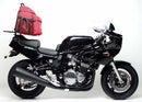 The image displays a Ventura Bike-Pack Kit on a Suzuki GS 1200 SS (01-03), featuring a sleek black EVO-12 Pack, an Adjustable Pack-Rack mounted on the motorcycle, and an L-Bracket with screws, shown as a generic representation.