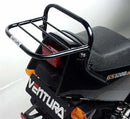 The image displays a Ventura Bike-Pack Kit on a Suzuki GS 1200 SS (01-03), featuring a sleek black EVO-12 Pack, an Adjustable Pack-Rack mounted on the motorcycle, and an L-Bracket with screws, shown as a generic representation.
