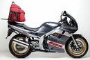 Image showing the Ventura EVO-12 Bike-Pack Kit for Suzuki GSX 250 K2-K4 (02-04), including the EVO-12 Pack (black zippered bag), Adjustable Evo-Rack (rear bike rack), and L-Bracket with bolts (generic image).