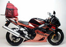 Ventura EVO-12 Bike-Pack Kit for Suzuki GSXR 1000 K3, K4 (03-04), shown with a black EVO-12 pack, Sport-Rack attached to the bike, and labeled L-Bracket with mounting hardware on a clean white background.