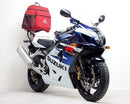 Ventura EVO-12 Bike-Pack Kit for Suzuki GSXR 750 K4, K5 (04-05) includes a black EVO-12 Pack, Evo-Rack metal rack, and labeled L-Bracket with screws—an adjustable pack-rack solution shown in this generic image.