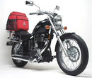 Ventura’s EVO-12 Bike-Pack Kit for Suzuki S40 650 Boulevard (06 - >) includes a black EVO-12 pack, Evo-Rack mounted on the bike, and L-Bracket with screws (generic image). Each component is labeled for easy use with Adjustable Pack-Rack systems.