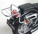 Ventura’s EVO-12 Bike-Pack Kit for Suzuki S40 650 Boulevard (06 - >) includes a black EVO-12 pack, Evo-Rack mounted on the bike, and L-Bracket with screws (generic image). Each component is labeled for easy use with Adjustable Pack-Rack systems.