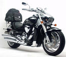 Image showing the Ventura EVO-12 Bike-Pack Kit for Suzuki VZR 1800 M109RN Boulevard (06-22), featuring an EVO-12 pack, Adjustable Pack-Rack on a bike, and a black L-Bracket with bolts and small parts.