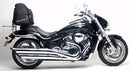 Image showing the Ventura EVO-12 Bike-Pack Kit for Suzuki VZR 1800 M109RN Boulevard (06-22), featuring an EVO-12 pack, Adjustable Pack-Rack on a bike, and a black L-Bracket with bolts and small parts.