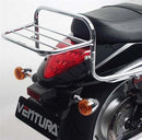 Image showing the Ventura EVO-12 Bike-Pack Kit for Suzuki VZR 1800 M109RN Boulevard (06-22), featuring an EVO-12 pack, Adjustable Pack-Rack on a bike, and a black L-Bracket with bolts and small parts.