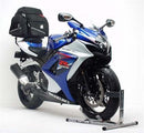 Image showing Ventura EVO-12 Bike-Pack Kit components for Suzuki GSXR 1000 K7-K8 (07-08): black EVO-12 pack, Evo-Rack on motorcycle, and labeled L-Bracket with screws and small parts.