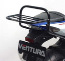 Image showing Ventura EVO-12 Bike-Pack Kit components for Suzuki GSXR 1000 K7-K8 (07-08): black EVO-12 pack, Evo-Rack on motorcycle, and labeled L-Bracket with screws and small parts.