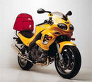 Image displays Ventura EVO-12 Bike-Pack, Evo-Rack on a Triumph Sprint RS 955i Y, K, 02, 03 (00-03) motorcycle, and L-bracket with screws. Each component is labeled underneath. Caption: "EVO-12 Bike-Pack Kit with Evo-Rack.