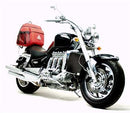 Ventura Triumph Rocket III 2300 (05-14) Bike-Pack Kit: features a black EVO-12 pack, an Evo-Rack Adjustable Pack-Rack mounted on the motorcycle, and a metal L-bracket with mounting hardware, all clearly labeled.