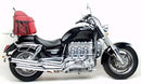 Ventura Triumph Rocket III 2300 (05-14) Bike-Pack Kit: features a black EVO-12 pack, an Evo-Rack Adjustable Pack-Rack mounted on the motorcycle, and a metal L-bracket with mounting hardware, all clearly labeled.