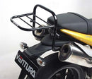 Image showing the Ventura EVO-12 Bike-Pack Kit for Triumph Speed Triple 1050 (05-10) with three labeled components: the black EVO-12 pack, Evo-Rack mounted on a bike, and L-Bracket with screws.