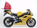 Image showing three Ventura accessories for Triumph Daytona Triple 675 (09-12): EVO-12 pack (black zippered bag), Evo-Rack Adjustable Pack-Rack (installed on bike), and L-Bracket ("Generic Image," black metal bracket with screws).