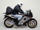 The Ventura EVO-12 Bike-Pack Kit for Yamaha FZR 250 includes a black EVO-12 pack, a black adjustable pack-rack installed on the bike, and a generic L-bracket image with screws and mounting hardware.