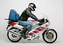 Ventura Yamaha FZR 400 R, U Bike-Pack Kit includes a black EVO-12 pack, an Adjustable Pack-Rack EVO-RACK mounted on the bike, a labeled L-Bracket with hardware, and a Top-Box Rack—each labeled and displayed separately.