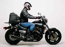 Image showing the Ventura EVO-12 Bike-Pack Kit for Yamaha VMX 1200 J V-Max with three labeled parts: EVO-12 Pack (black storage bag), Evo-Rack (adjustable pack rack), and L-Bracket (metal support bars, generic image).