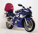 Image showing the Ventura EVO-12 Bike-Pack Kit for Yamaha YZF 600 R6 L, with EVO-12 pack, Evo-Rack mounted on the bike, and a labeled L-bracket with hardware. Each item is clearly labeled in red text.