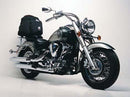 Ventura EVO-12 Bike-Pack Kit for Yamaha XV 1600 AL Roadstar (99-07), includes a black bike-pack, Evo-Rack rear rack, and black L-Brackets with screws, each part clearly labeled.