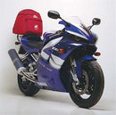 Image showing a Ventura EVO-12 bike-pack bag, EVO-RACK Top-Box Rack, and labeled L-Bracket with screws—key parts of the EVO-12 Bike-Pack Kit for the Yamaha YZF R1 M, N (00-01).