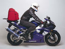 Image showing a Ventura EVO-12 bike-pack bag, EVO-RACK Top-Box Rack, and labeled L-Bracket with screws—key parts of the EVO-12 Bike-Pack Kit for the Yamaha YZF R1 M, N (00-01).