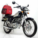 Image showing a Ventura EVO-12 Bike-Pack Kit for Yamaha SR 250 P (2002) with three labeled components: EVO-12 Pack (black bag), Adjustable Pack-Rack (metal rack), and L-Bracket (black brackets with screws, generic image).