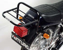 Image showing a Ventura EVO-12 Bike-Pack Kit for Yamaha SR 250 P (2002) with three labeled components: EVO-12 Pack (black bag), Adjustable Pack-Rack (metal rack), and L-Bracket (black brackets with screws, generic image).