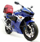 Image shows a Ventura EVO-12 Bike-Pack Kit on a Yamaha YZF 600 R6 R-T (03-05), featuring the Evo-Rack, EVO-12 pack, and labeled L-Bracket with screws—highlighting this adjustable pack-rack system's versatility.