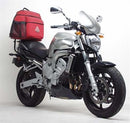 Image showing a Ventura EVO-12 Bike-Pack Kit for Yamaha FZ6-NS 600 Fazer (04-08): includes black EVO-12 pack, Evo-Rack, L-bracket with screws; each item labeled. Adjustable Pack-Rack system fits most bikes.