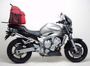 Image showing a Ventura EVO-12 Bike-Pack Kit for Yamaha FZ6-NS 600 Fazer (04-08): includes black EVO-12 pack, Evo-Rack, L-bracket with screws; each item labeled. Adjustable Pack-Rack system fits most bikes.
