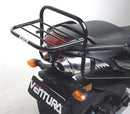 Image showing a Ventura EVO-12 Bike-Pack Kit for Yamaha FZ6-NS 600 Fazer (04-08): includes black EVO-12 pack, Evo-Rack, L-bracket with screws; each item labeled. Adjustable Pack-Rack system fits most bikes.