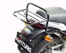 The Ventura EVO-12 Bike-Pack Kit for Yamaha BT 1100 Bulldog (01-05) features a black EVO-12 pack, bike-mounted Evo-Rack, L-Brackets with screws, all with red tags—ideal for your Adjustable Pack-Rack system.