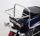 The Ventura EVO-12 Bike-Pack Kit for Yamaha XVS 1300 A V-Star (07-08) includes the EVO-12 pack, Evo-Rack on a motorcycle, and L-Bracket with screws, all labeled for easy ID on a white background.