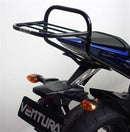 The Ventura EVO-12 Bike-Pack Kit for Yamaha YZF 600 R6 V-D (06-14) includes an EVO-12 pack, Evo-Rack fitted to the bike, and a black L-bracket with screws. Each item is labeled in red with its product name for easy identification.