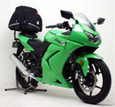 The image features a Ventura EVO-12 Bike-Pack Kit including the versatile EVO-Rack and L-bracket with screws. This soft pack pairs perfectly with the sturdy metal Top-Box Rack for secure attachment, elegantly displayed on a Kawasaki EX 250R Ninja (08-12).