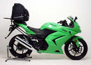 The image features a Ventura EVO-12 Bike-Pack Kit including the versatile EVO-Rack and L-bracket with screws. This soft pack pairs perfectly with the sturdy metal Top-Box Rack for secure attachment, elegantly displayed on a Kawasaki EX 250R Ninja (08-12).