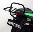 The image features a Ventura EVO-12 Bike-Pack Kit including the versatile EVO-Rack and L-bracket with screws. This soft pack pairs perfectly with the sturdy metal Top-Box Rack for secure attachment, elegantly displayed on a Kawasaki EX 250R Ninja (08-12).