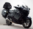 The image showcases a Ventura Kawasaki ZG 1400 Concours 14 (07-14) Bike-Pack Kit, featuring a sleek black EVO-12 pack with the versatile EVO-Rack and sturdy L-Bracket. Made from durable metal, they ensure secure mounting, providing an adjustable pack-rack solution for your bike.