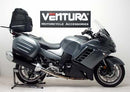 The image showcases a Ventura Kawasaki ZG 1400 Concours 14 (07-14) Bike-Pack Kit, featuring a sleek black EVO-12 pack with the versatile EVO-Rack and sturdy L-Bracket. Made from durable metal, they ensure secure mounting, providing an adjustable pack-rack solution for your bike.