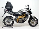 Image showing three components of the Ventura EVO-12 Bike-Pack Kit for Aprilia Shiver 750 (08-09): an EVO-12 Pack (black bag), an Evo-Rack Top-Box Rack on a bike, and an L-Bracket with screws.