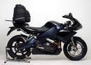 Image displaying a Ventura Buell 1125R (08-09) Bike-Pack Kit featuring a black EVO-12 pack with an orange accent, an Evo-Rack expertly mounted on the bike, and an L-bracket with screws, all presented as a generic image for versatility.