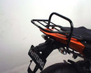 The image features a Ventura EVO-12 Bike-Pack Kit on a KTM 690 Duke (2008), including the sleek black EVO-12 Pack with an orange stripe. It also displays the Adjustable Pack-Rack, EVO-Rack, and L-bracket with screws, completing this versatile setup.