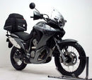 The image displays the "Ventura EVO-12 Bike-Pack Kit" for the Honda XLV 700 V Transalp (08-12). It features a black EVO-12 pack, an Adjustable Pack-Rack on a bike, and an L-bracket with screws. Labels clearly identify each component.