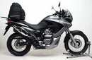 The image displays the "Ventura EVO-12 Bike-Pack Kit" for the Honda XLV 700 V Transalp (08-12). It features a black EVO-12 pack, an Adjustable Pack-Rack on a bike, and an L-bracket with screws. Labels clearly identify each component.