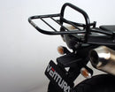 Image shows the Ventura EVO-12 Bike-Pack Kit for the KTM 950 Super Moto R, including a black EVO-12 pack with zippers, an adjustable EVO-Rack mounted on a bike, and an L-Bracket with screws.