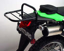 The Ventura EVO-12 Bike-Pack Kit for the Kawasaki KLX 250 (08-19) includes a chic black pack with red accents, an Adjustable Pack-Rack for easy bike attachment, and a durable L-Bracket with screws, boosting storage capacity while merging style and functionality for avid cyclists.